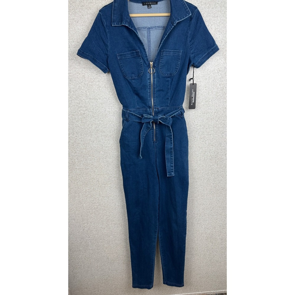 Haute Monde Denim Zip Front Jumpsuit Women's Small Blue Belted Short Sleeves NWT